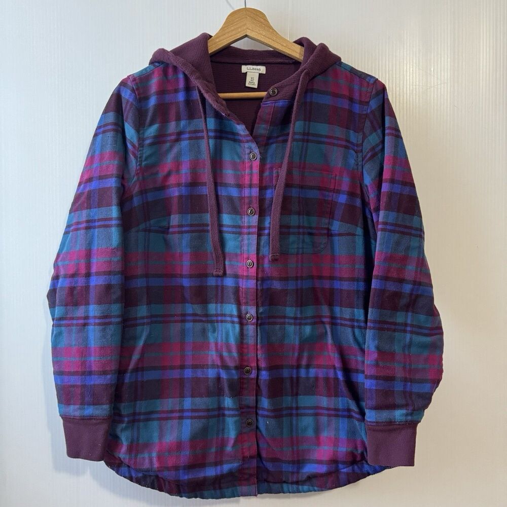 LL Bean Women’s Plaid Multicolor Hooded Lined Flannel Outdoors Jacket Sz XS